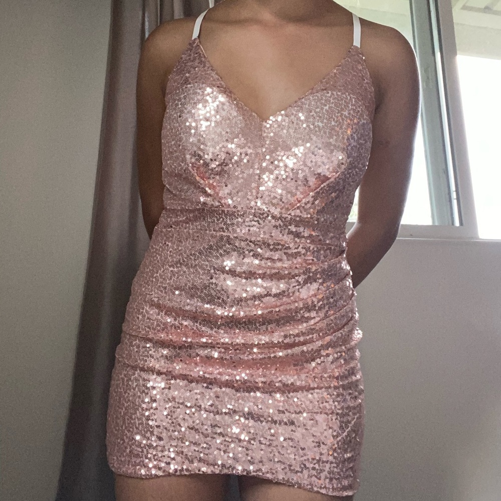 Rose Gold Ruched Mini Bodycon Dress - Picture 4 of 5